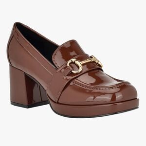 Nine West Brown Patent Loafers with Gold Accent